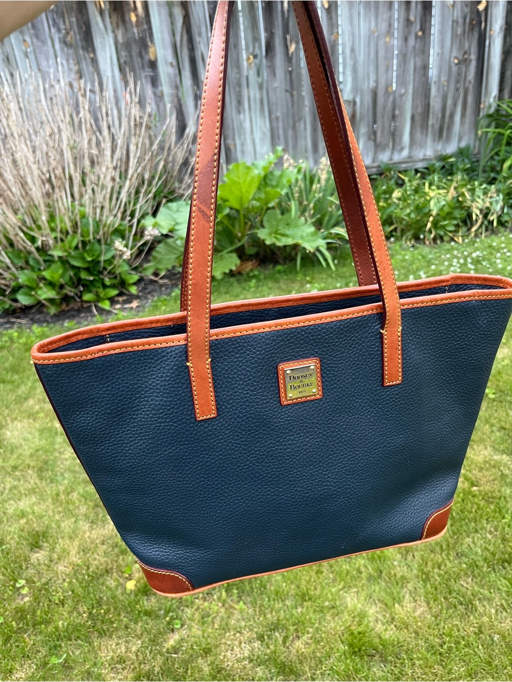 Dooney & Bourke Navy Pebble Leather Tote with Brown Trim and Straps